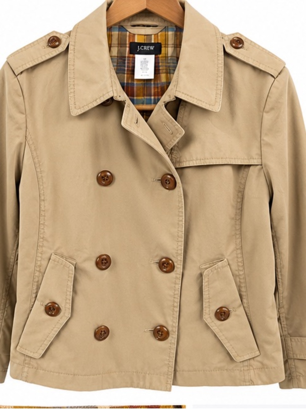 J.Crew Women’s Size 12 Cropped Trench Coat Jacket Khaki Plaid Lined Cotton NNT